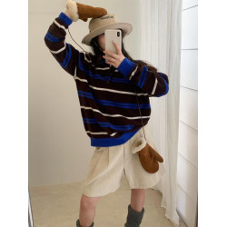 100%羊毛條紋針織衫女2025秋季新款韓系寬松顯瘦百搭減齡毛衣上衣