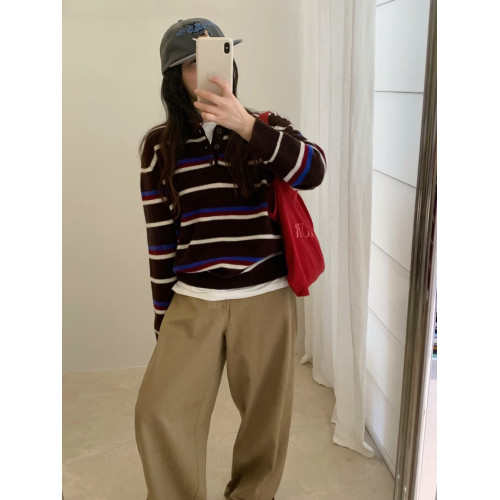 100%羊毛條紋針織衫女2025秋季新款韓系寬松顯瘦百搭減齡毛衣上衣