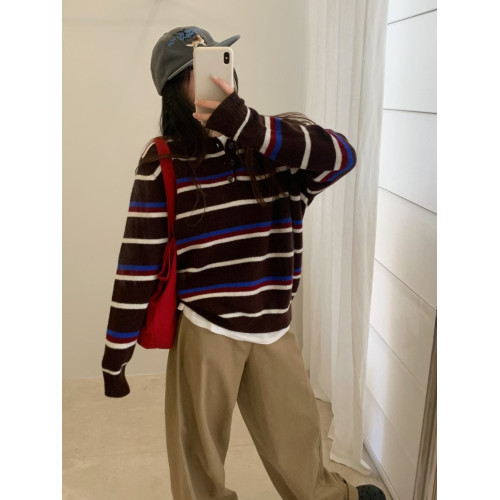 100%羊毛條紋針織衫女2025秋季新款韓系寬松顯瘦百搭減齡毛衣上衣