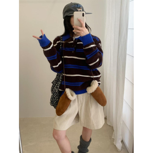 100%羊毛條紋針織衫女2025秋季新款韓系寬松顯瘦百搭減齡毛衣上衣