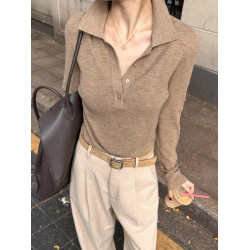 咖色短款老錢風polo領翻領針織衫女秋冬氣質高級感內搭打底衫上衣