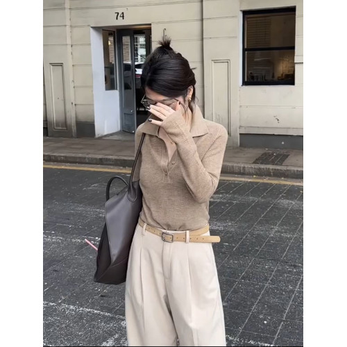 咖色短款老錢風polo領翻領針織衫女秋冬氣質高級感內搭打底衫上衣