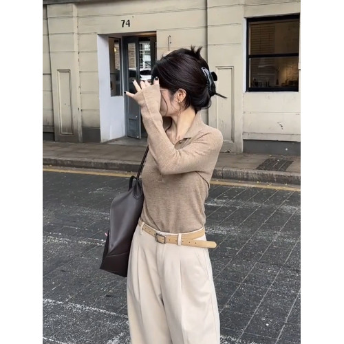 咖色短款老錢風polo領翻領針織衫女秋冬氣質高級感內搭打底衫上衣