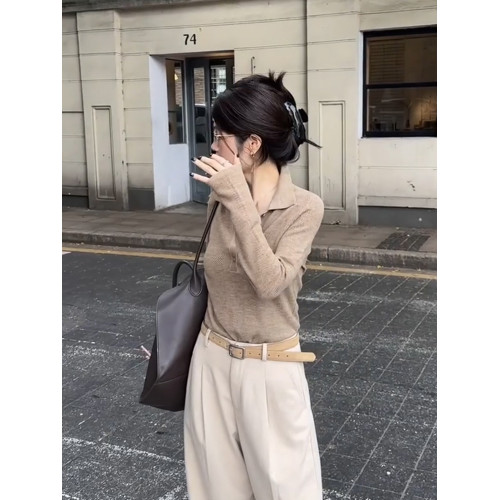 咖色短款老錢風polo領翻領針織衫女秋冬氣質高級感內搭打底衫上衣