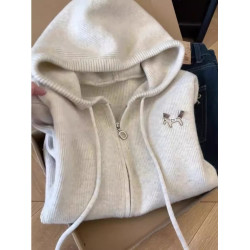 雙拉鍊連帽長袖針織開衫毛衣外套女秋冬韓版休閒慵懶風高級感上衣