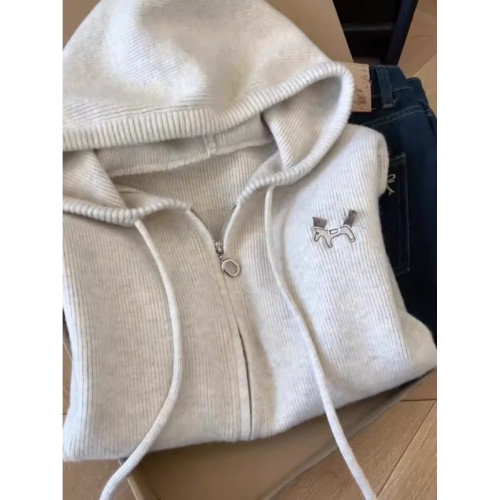 雙拉鍊連帽長袖針織開衫毛衣外套女秋冬韓版休閒慵懶風高級感上衣