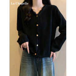 拉夏貝爾大碼黑色針織開衫女秋冬新款小香風磨毛邊V領上衣外套