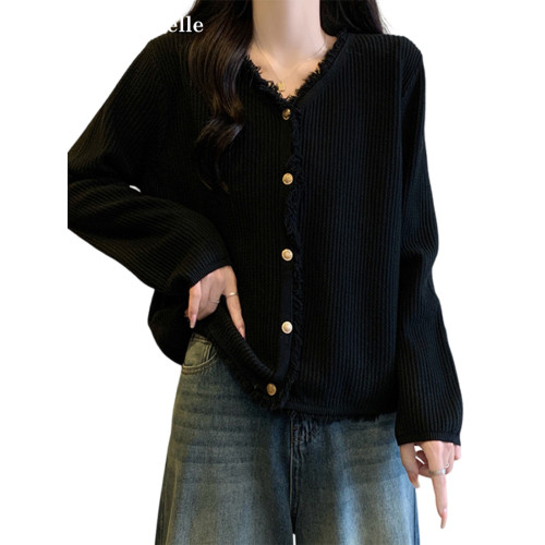 拉夏貝爾大碼黑色針織開衫女秋冬新款小香風磨毛邊V領上衣外套 拉夏貝爾大碼黑色針織開衫女秋冬新款小香風磨毛邊V領上衣外套