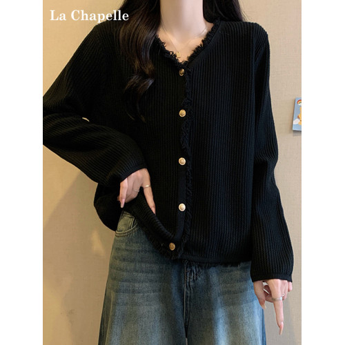 拉夏貝爾大碼黑色針織開衫女秋冬新款小香風磨毛邊V領上衣外套 拉夏貝爾大碼黑色針織開衫女秋冬新款小香風磨毛邊V領上衣外套