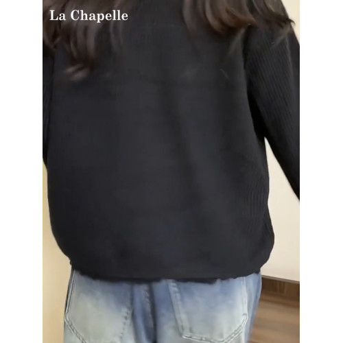 拉夏貝爾大碼黑色針織開衫女秋冬新款小香風磨毛邊V領上衣外套 拉夏貝爾大碼黑色針織開衫女秋冬新款小香風磨毛邊V領上衣外套