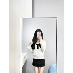 白色溫柔蝴蝶結娃娃領針織衫毛衣女秋冬軟糯寬松減齡設計感上衣