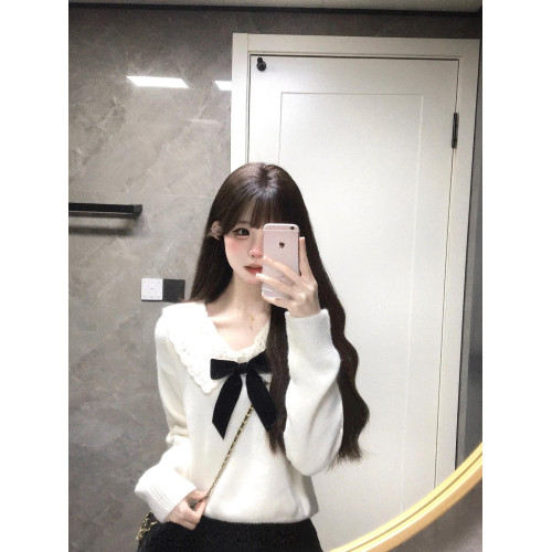 白色溫柔蝴蝶結娃娃領針織衫毛衣女秋冬軟糯寬松減齡設計感上衣