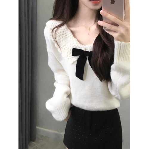 白色溫柔蝴蝶結娃娃領針織衫毛衣女秋冬軟糯寬松減齡設計感上衣