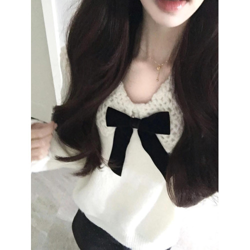 白色溫柔蝴蝶結娃娃領針織衫毛衣女秋冬軟糯寬松減齡設計感上衣