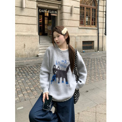 PPHOME可愛小貓提花灰色圓領毛衣女秋季慵懶風寬松軟糯針織衫上衣