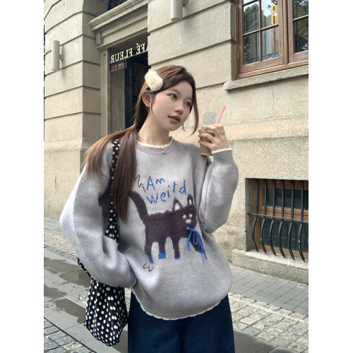PPHOME可愛小貓提花灰色圓領毛衣女秋季慵懶風寬松軟糯針織衫上衣 PPHOME可愛小貓提花灰色圓領毛衣女秋季慵懶風寬松軟糯針織衫上衣