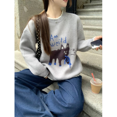 PPHOME可愛小貓提花灰色圓領毛衣女秋季慵懶風寬松軟糯針織衫上衣 PPHOME可愛小貓提花灰色圓領毛衣女秋季慵懶風寬松軟糯針織衫上衣