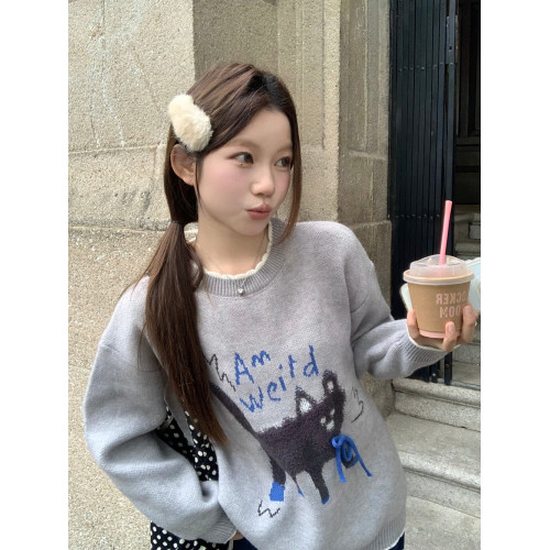 PPHOME可愛小貓提花灰色圓領毛衣女秋季慵懶風寬松軟糯針織衫上衣 PPHOME可愛小貓提花灰色圓領毛衣女秋季慵懶風寬松軟糯針織衫上衣