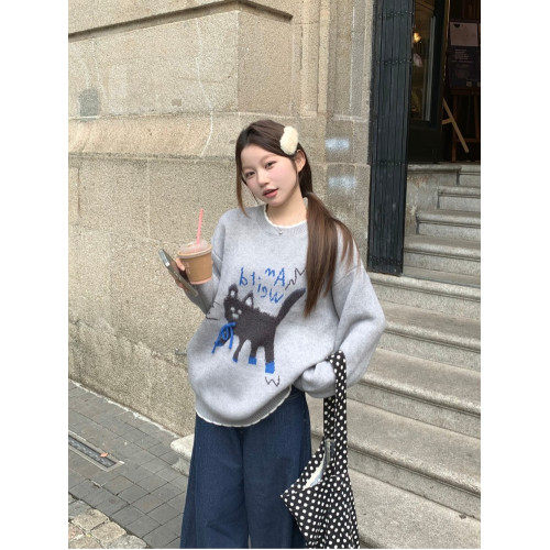 PPHOME可愛小貓提花灰色圓領毛衣女秋季慵懶風寬松軟糯針織衫上衣 PPHOME可愛小貓提花灰色圓領毛衣女秋季慵懶風寬松軟糯針織衫上衣