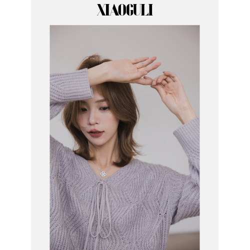 小穀粒芋泥針織衫 鏤空罩衫女2026春季新款高級感V領落肩溫柔上衣