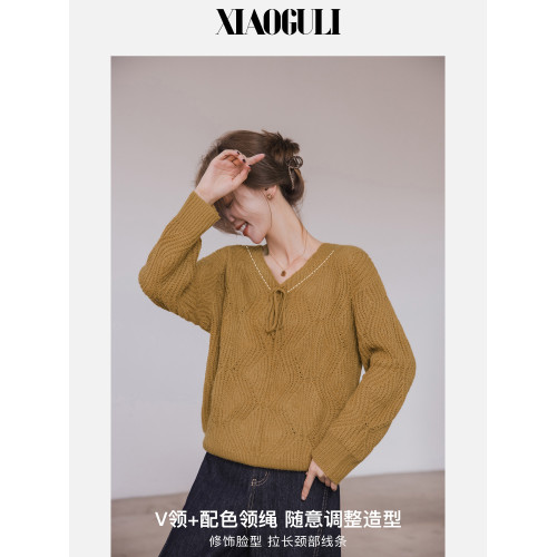 小穀粒芋泥針織衫 鏤空罩衫女2026春季新款高級感V領落肩溫柔上衣