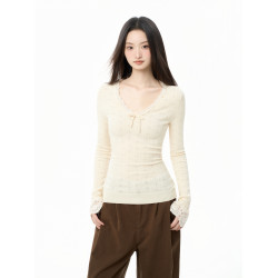 iiiamX蕾絲v領針織打底衫女秋季修身內搭毛衣長袖針織衫上衣2025