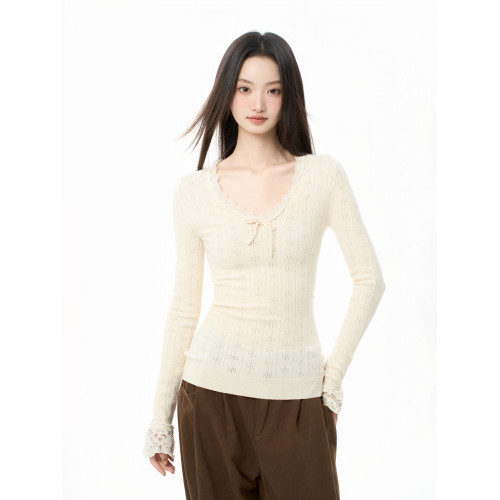 iiiamX蕾絲v領針織打底衫女秋季修身內搭毛衣長袖針織衫上衣2025