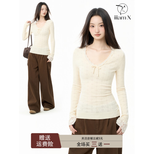iiiamX蕾絲v領針織打底衫女秋季修身內搭毛衣長袖針織衫上衣2025