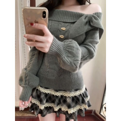 日系古早兔耳朵學院風甜美灰色毛衣女秋冬季套頭修身收腰針織上衣