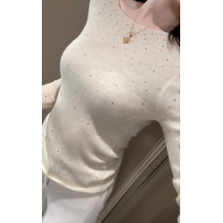 重工燙鑽高級感白色針織衫女春秋法式氣質修身長袖內搭打底衫上衣
