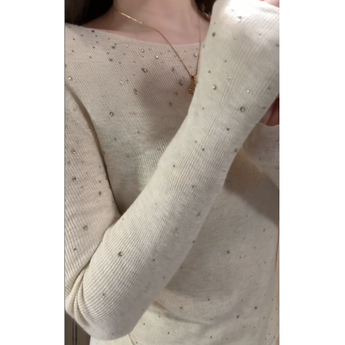 重工燙鑽高級感白色針織衫女春秋法式氣質修身長袖內搭打底衫上衣 重工燙鑽高級感白色針織衫女春秋法式氣質修身長袖內搭打底衫上衣