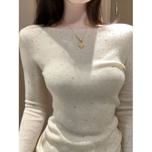 重工燙鑽高級感白色針織衫女春秋法式氣質修身長袖內搭打底衫上衣 重工燙鑽高級感白色針織衫女春秋法式氣質修身長袖內搭打底衫上衣