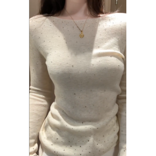 重工燙鑽高級感白色針織衫女春秋法式氣質修身長袖內搭打底衫上衣 重工燙鑽高級感白色針織衫女春秋法式氣質修身長袖內搭打底衫上衣