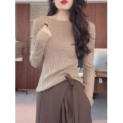 水波紋咖色長袖針織打底衫女秋冬內搭大碼微胖MM氣質修身顯瘦上衣