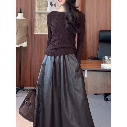 水波紋咖色長袖針織打底衫女秋冬內搭大碼微胖MM氣質修身顯瘦上衣 水波紋咖色長袖針織打底衫女秋冬內搭大碼微胖MM氣質修身顯瘦上衣