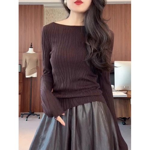 水波紋咖色長袖針織打底衫女秋冬內搭大碼微胖MM氣質修身顯瘦上衣 水波紋咖色長袖針織打底衫女秋冬內搭大碼微胖MM氣質修身顯瘦上衣