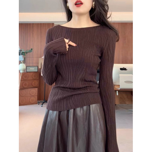 水波紋咖色長袖針織打底衫女秋冬內搭大碼微胖MM氣質修身顯瘦上衣 水波紋咖色長袖針織打底衫女秋冬內搭大碼微胖MM氣質修身顯瘦上衣