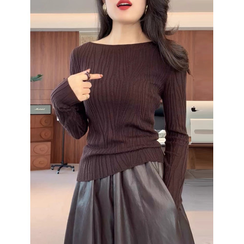 水波紋咖色長袖針織打底衫女秋冬內搭大碼微胖MM氣質修身顯瘦上衣 水波紋咖色長袖針織打底衫女秋冬內搭大碼微胖MM氣質修身顯瘦上衣