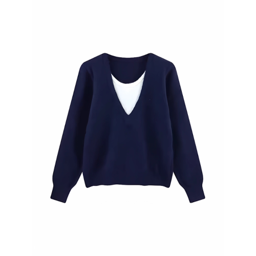 慵懶風軟糯V領藏青色假兩件針織衫女秋冬學院風氣質寬松毛衣上衣