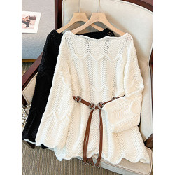 不規則鉤花鏤空針織衫上衣秋季新款洋氣減齡腰帶收腰顯瘦花邊毛衣