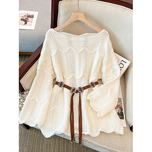 不規則鉤花鏤空針織衫上衣秋季新款洋氣減齡腰帶收腰顯瘦花邊毛衣