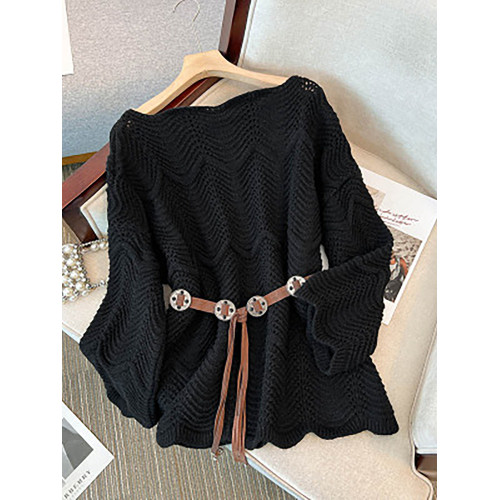 不規則鉤花鏤空針織衫上衣秋季新款洋氣減齡腰帶收腰顯瘦花邊毛衣