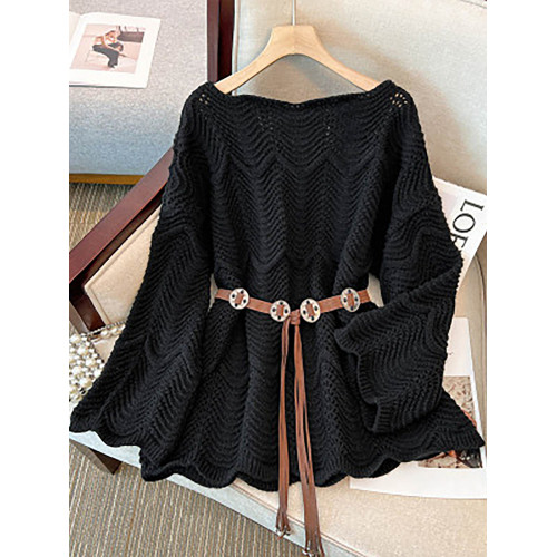 不規則鉤花鏤空針織衫上衣秋季新款洋氣減齡腰帶收腰顯瘦花邊毛衣