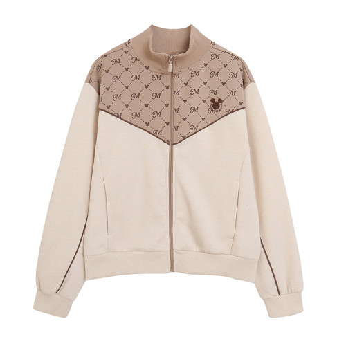 卡通刺綉半高小翻領拉鍊開衫外套拼接衛衣女士寬松大碼不加絨