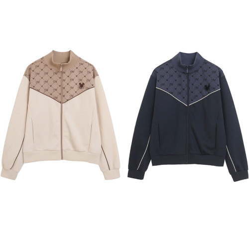 卡通刺綉半高小翻領拉鍊開衫外套拼接衛衣女士寬松大碼不加絨