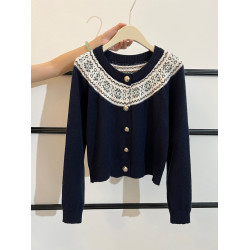 費爾島藏藍色針織開衫2025秋冬季新款巨好看高級感毛衣外套上衣女