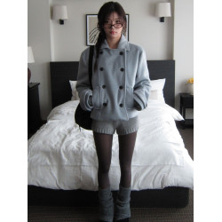 韓國復古學院風日系少女翻領雙排釦夾棉短款羊毛呢外套大衣