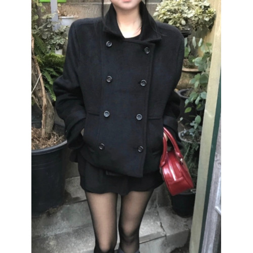 韓國復古學院風日系少女翻領雙排釦夾棉短款羊毛呢外套大衣