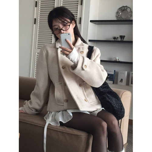 韓國復古學院風日系少女翻領雙排釦夾棉短款羊毛呢外套大衣