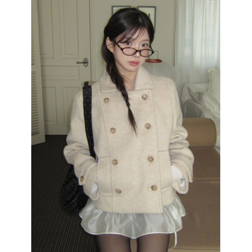 韓國復古學院風日系少女翻領雙排釦夾棉短款羊毛呢外套大衣